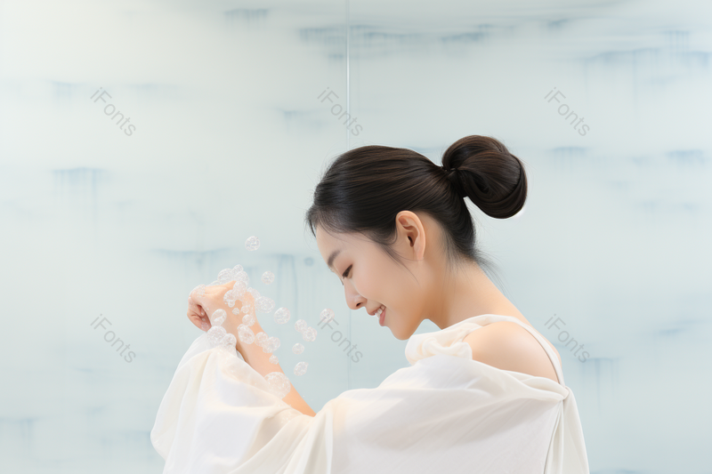 年轻女性使用沐浴球洗澡淋浴,高清,摄影图,摄影图片,图片大全,摄影图免费下载